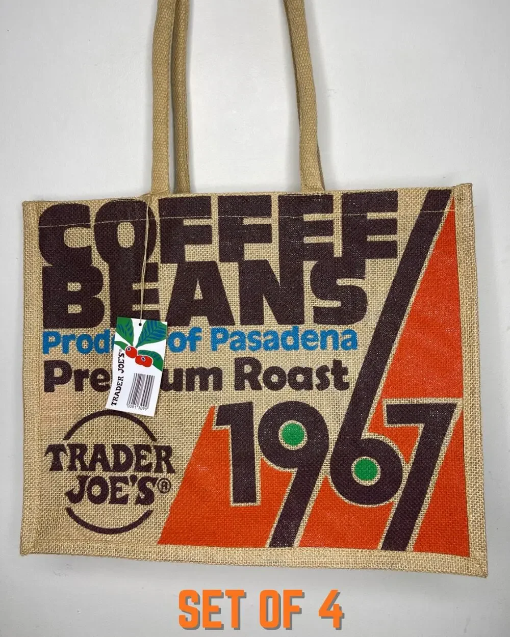 Set 4x Trader Joe's Coffee Beans 100% Jute Large 9 Gallon Reusable Tote Bag NWT!